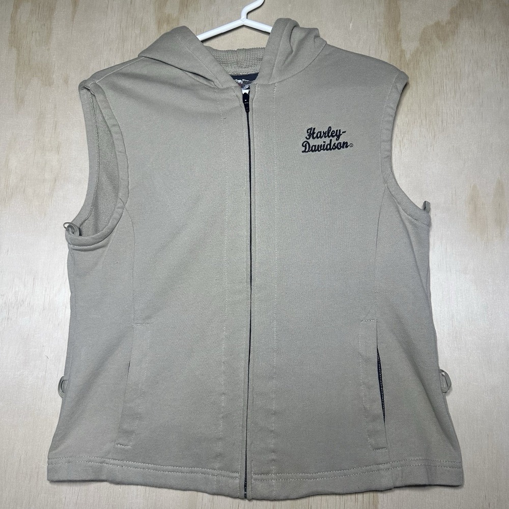 Harley‎ Davidson Women's Full Zip Sleeveless Hoodie Vest Beige Size Large